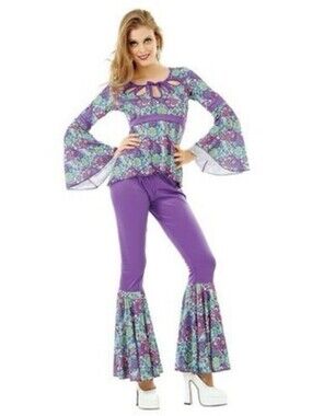 Hauntlook Halloween Costume Disco Diva Costume 70s Hippie Bell Sleeves Set | XL